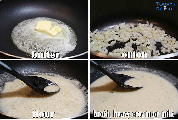 Butter is melted in pan, onion, flour and milk are added to cook.