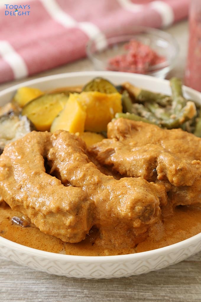 Kare-Kare with Coconut Milk (Gata) is ribs and vegetables in peanut sauce and coconut milk.nut