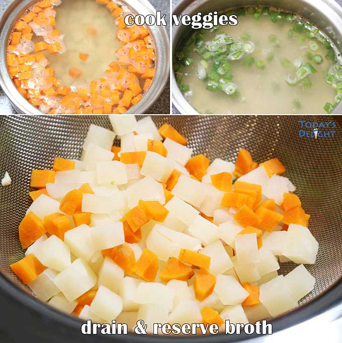 Boiled potatoes, carrots, green beans in broth and drained.