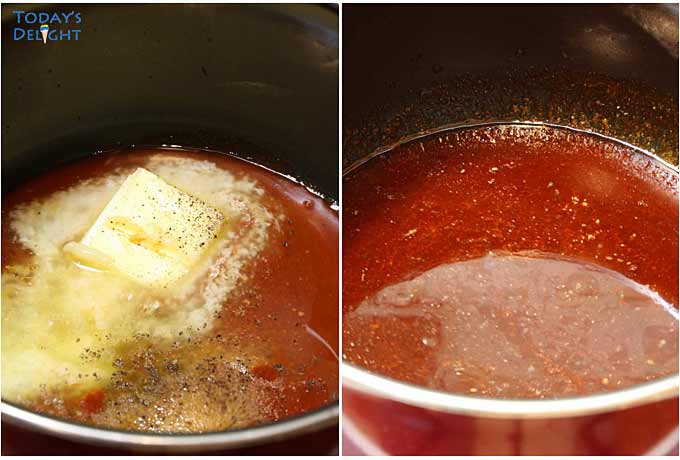 Cooking sweet and spicy sauce in sauce pan.