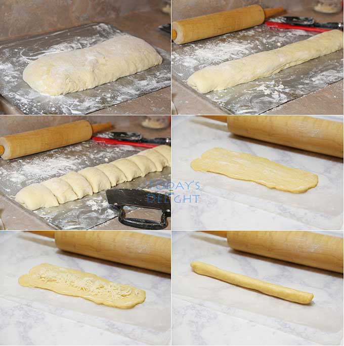 Six images of ensaymada dough formed into a log, divided, stretched, cheese added at the center, rolled into a log and coiled. A rolling pin and spatula are used in the process. A baking tray is sprinkled lightly with flour and used as a working area to divide the dough.