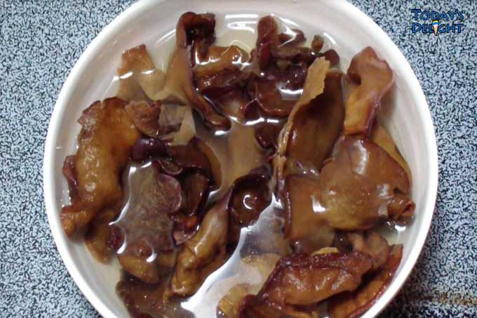 Expanded dried fungus in water.