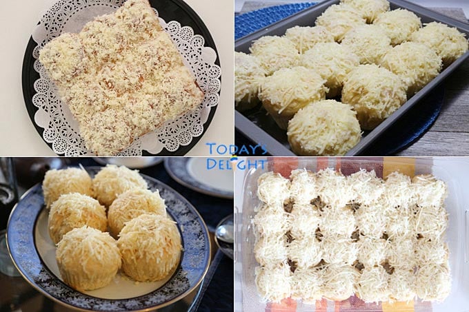 4 images of baked sweet bread rolls served in platters, a baking pan or a pyrex.