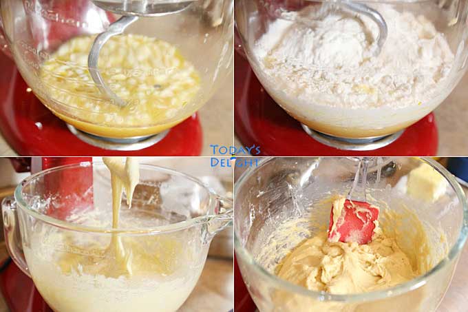 Four images of making the ensaymada dough in a stand mixer.