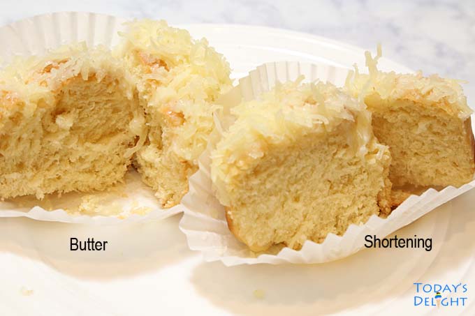 Slice rolls, one made with butter and the other with shortening.