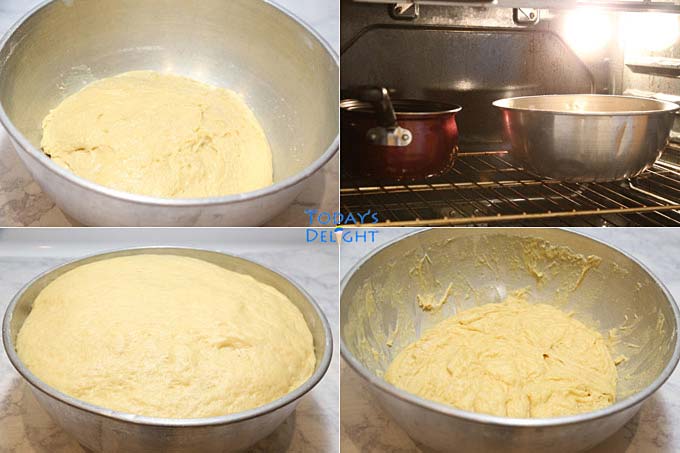 Four images of proofing the bread rolls in the oven with a pot of boiling water. Dough will double in size tremendously if yeast is active and proofed in a warm area.
