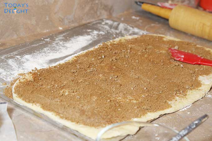 Cinnabon Cinnamon Rolls dough with cinnamon and brown sugar mixture.
