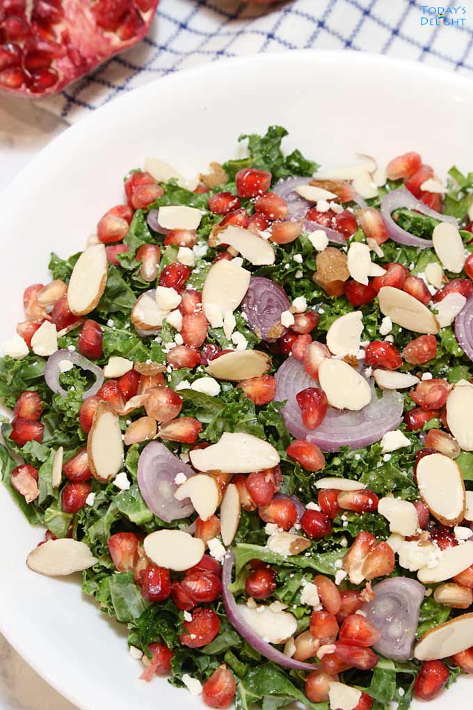 Healthy Pomegranate Kale Salad in bowl is Today's Delight.