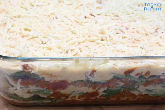 Half of unbaked lasagna on it's side showing the layers of lasagna.