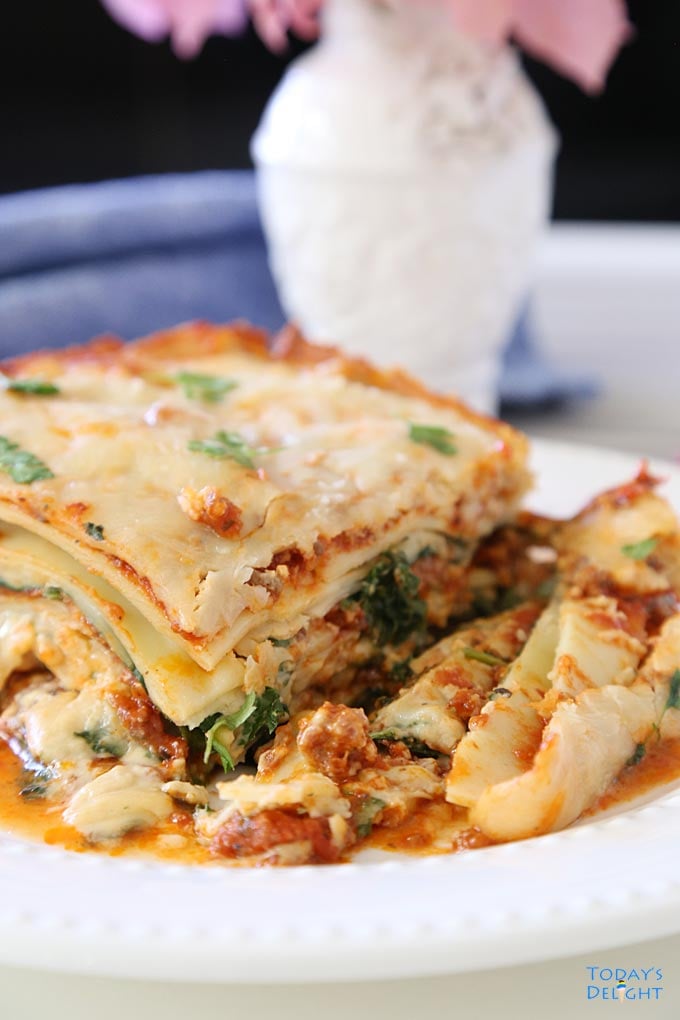 Plated lasagna and Spinach Lasagna recipe is Today's Delight.