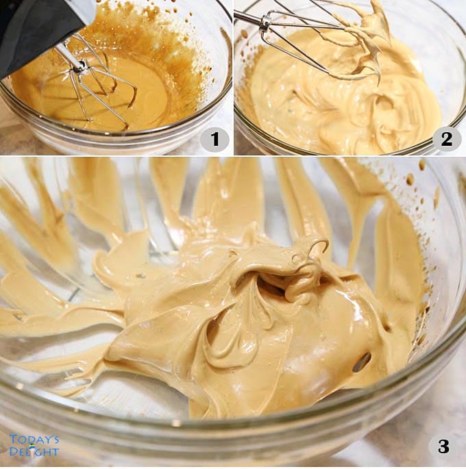 Instant coffee, sugar and boiling water whipped.