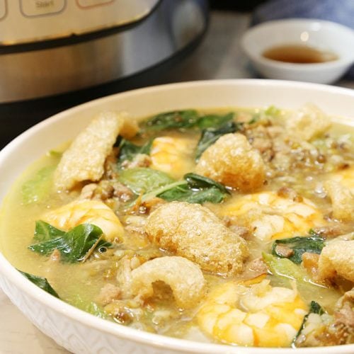 Instant Pot Ginisang Munggo with Shrimp (Mung Bean Soup) in bowl is Today's Delight.