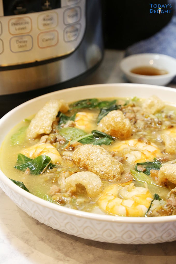 Instant Pot Ginisang Munggo with Shrimp (Mung Bean Soup) in bowl is Today's Delight.