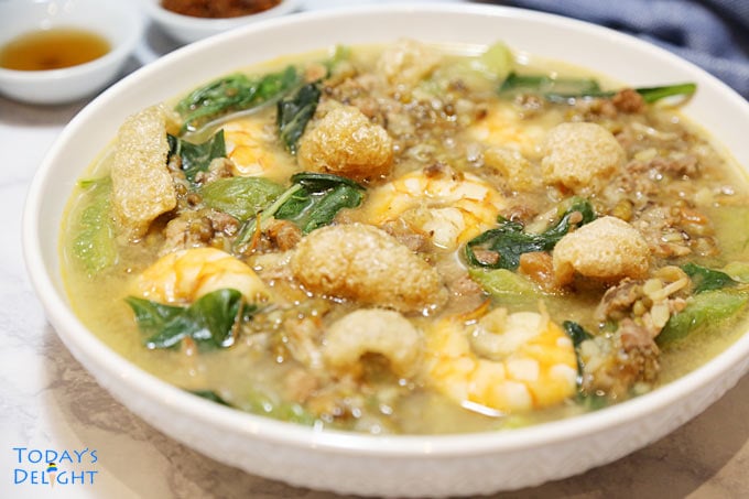 Instant Pot Ginisang Munggo with Shrimp or Mung Bean Soup in bowl with crackling pork rind.