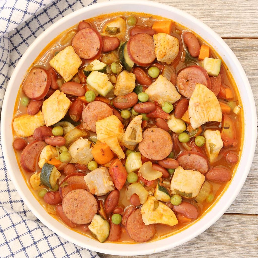 Kielbasa Chicken and Bean Stew in serving platter and Today's Delight.