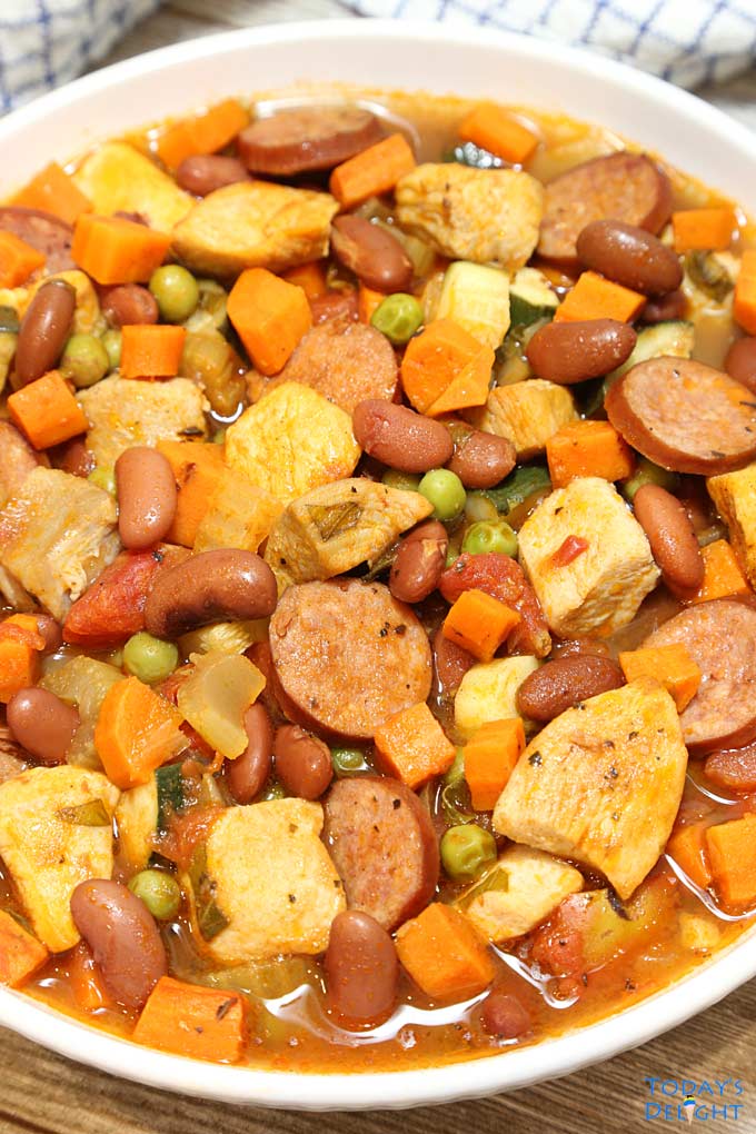 Kielbasa Chicken and Bean Stew in serving platter and Today's Delight.