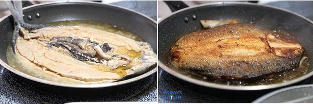 Frying bangus (milkfish).