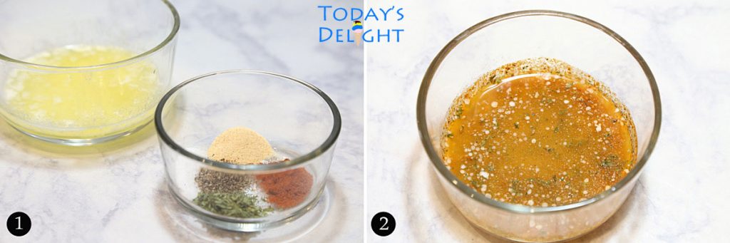 Melted butter and other seasonings to make lemon garlic butter mixture.