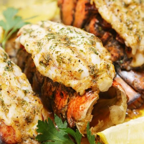 Broiled seasoned lobster tail.