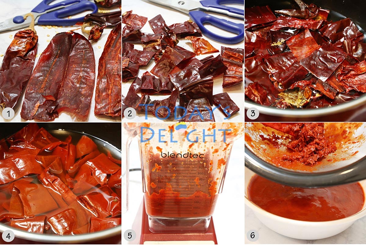 Dried New Mexico chile pepper is cut in half, seeded, cut into smaller pieces, boiled in water. It is pureed in a blender and strained.