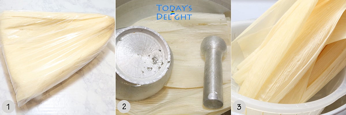 Corn husks submerged in hot water with something heavy to hold it down. It is dried in a strainer.