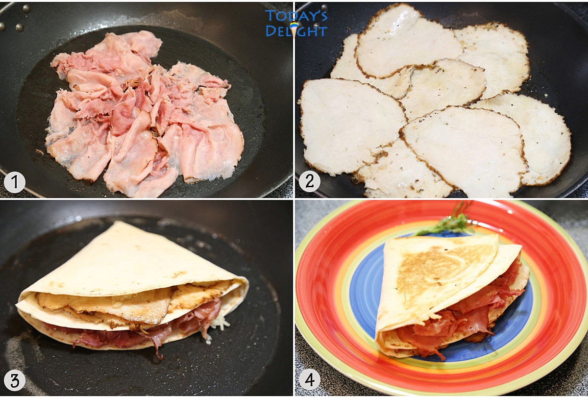 Steps to make Monte Cristo Sandwich using tortilla wrap.