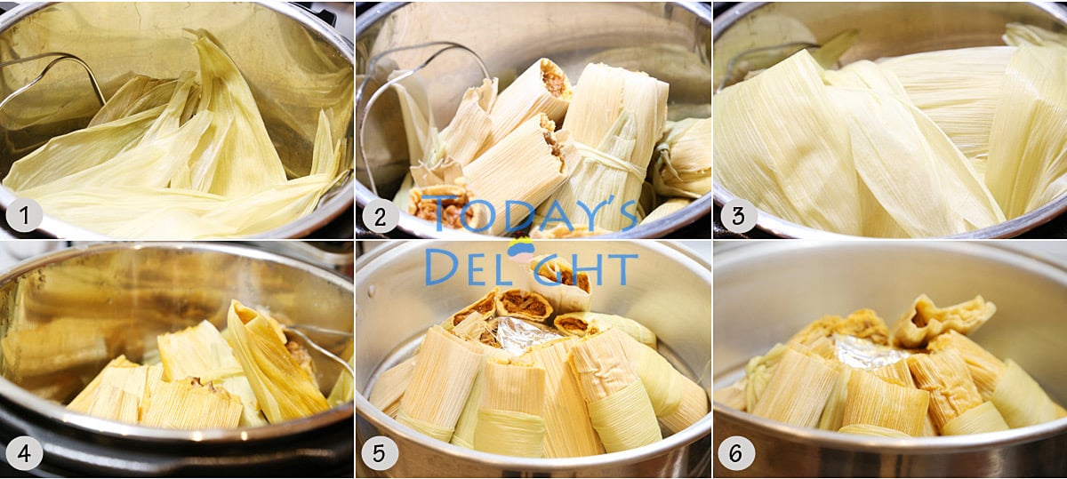Tamales cooked in an instant pot and steamer with corn husk at bottom and top of tamales.