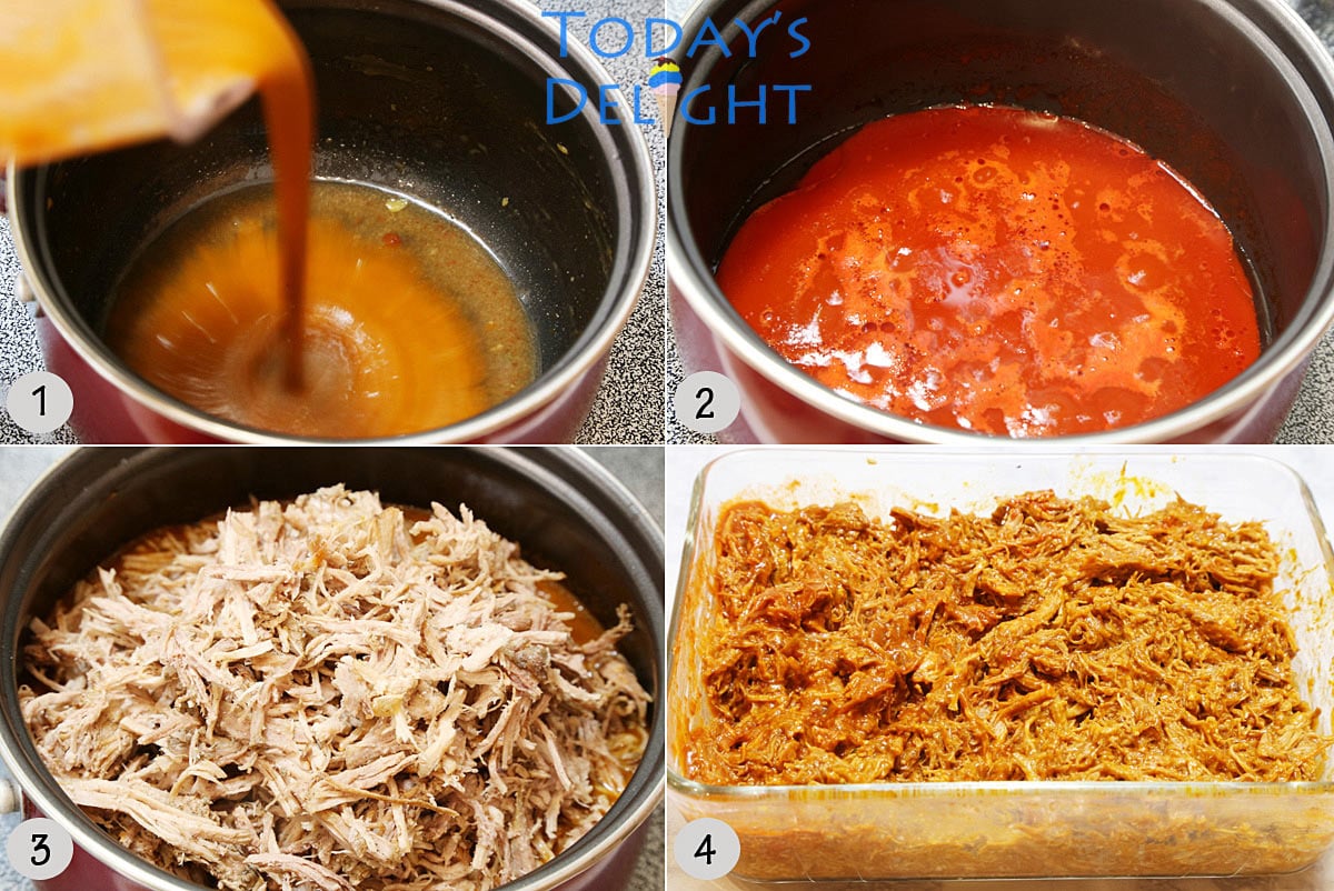 Pureed hot peppers mixed with shredded pork in pot.