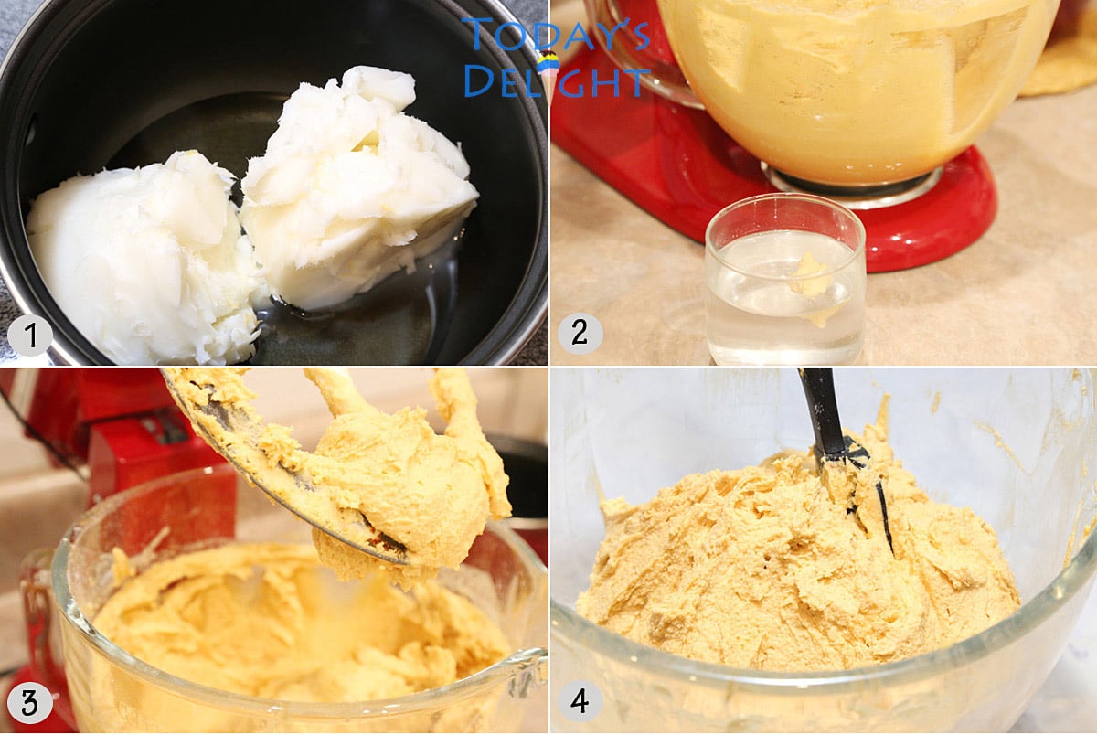Melted lard and all the ingredients added in stand mixer to make tamales masa dough.