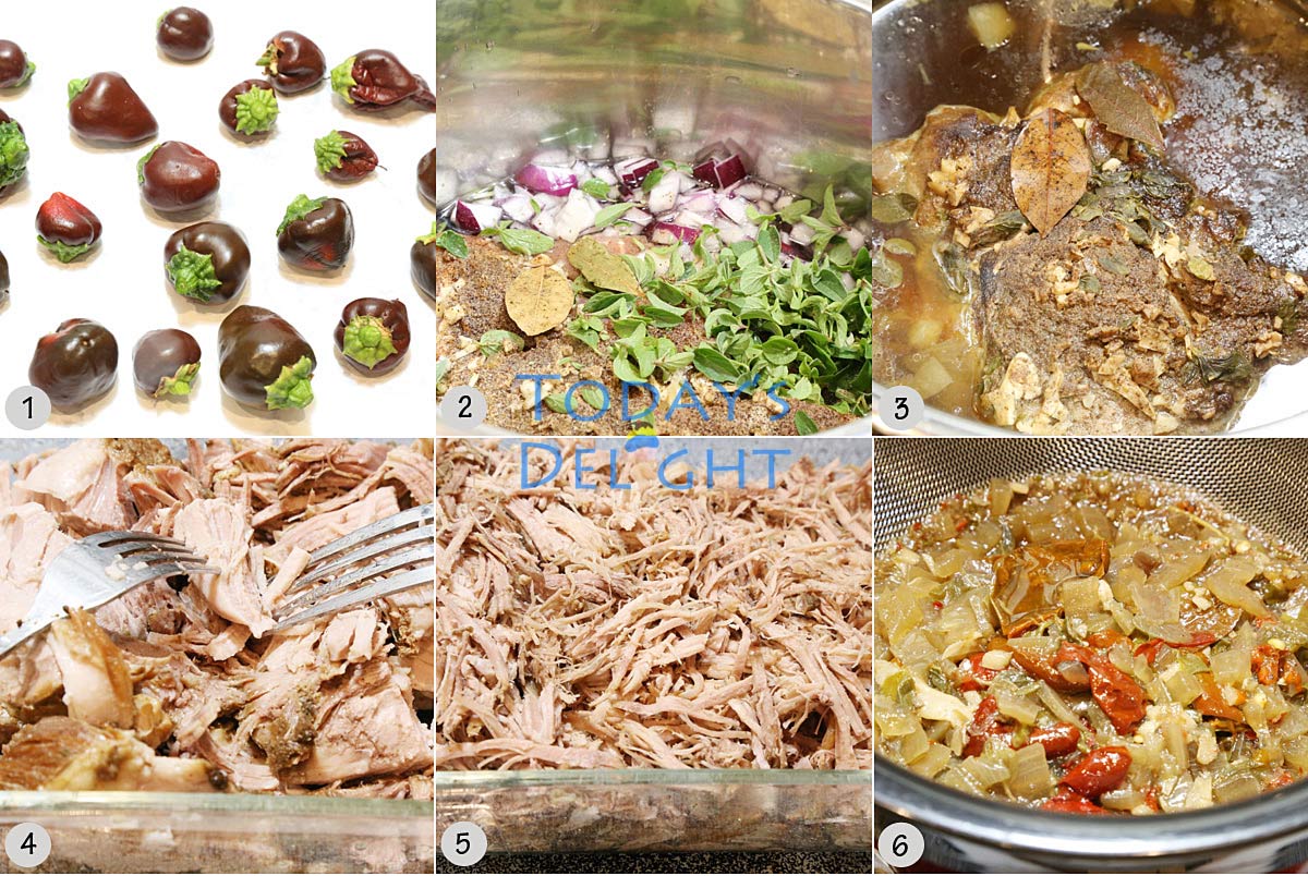 Tamales pork filling is tenderized in an instant pot with herbs, spices and poblano peppers. It is shredded with 2 forks and broth is strained.