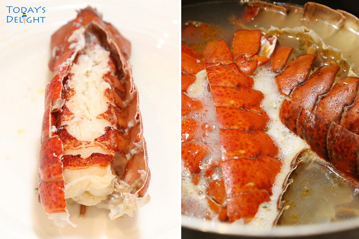 Cook lobster with top shell cut on 1st image and 2nd image shows lobster meat removed and lobster shells put back in broth to simmer.