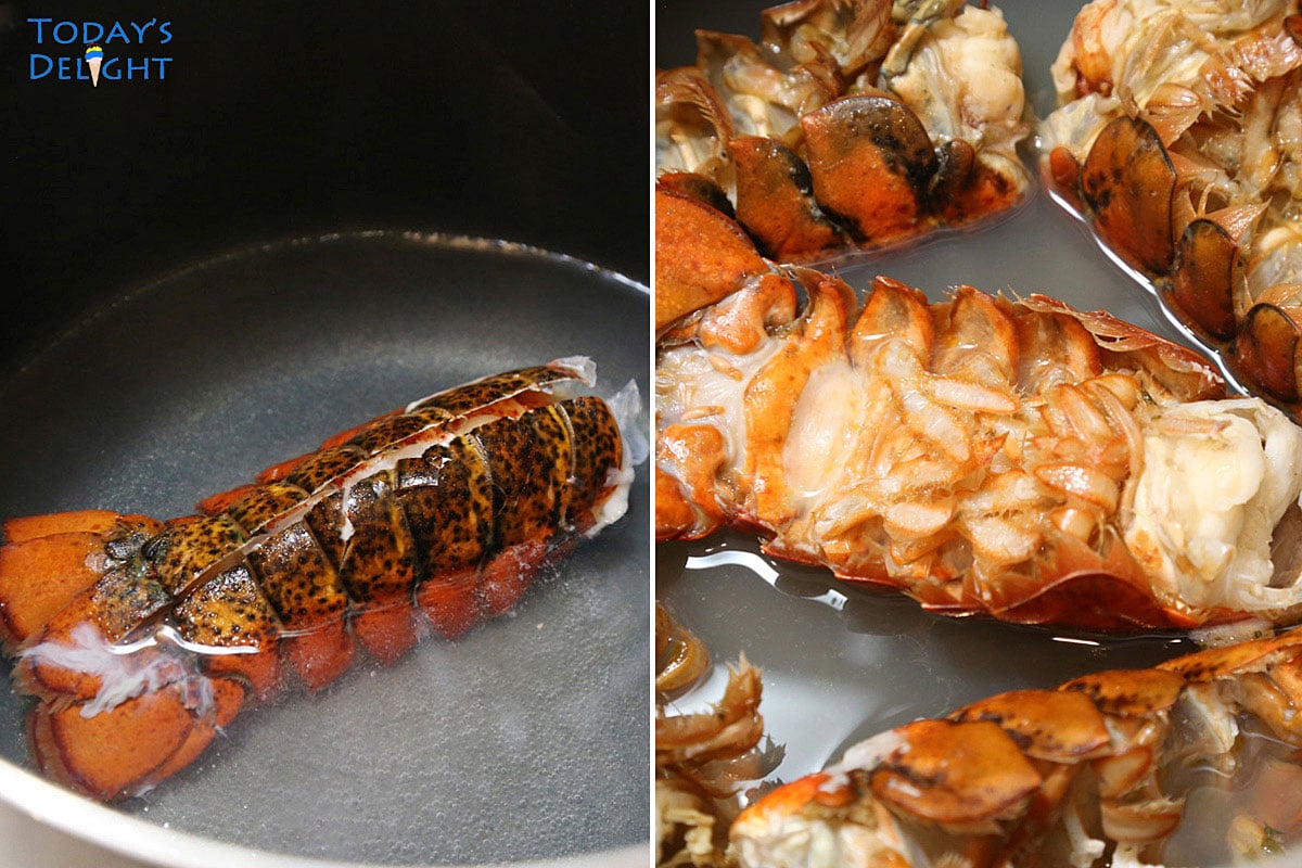 The lobster tail top shell is cut up to the fin and 5 tails are boiled in water in a pot until cook.
