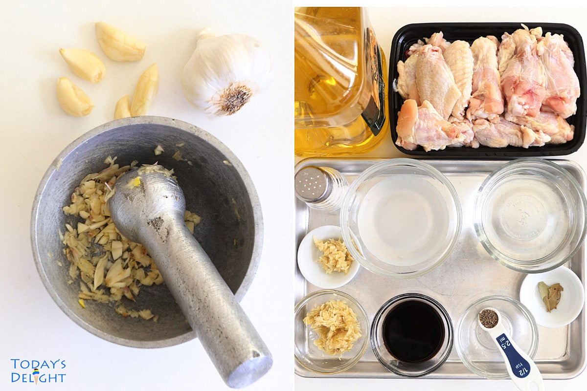 1st image shows garlic crushed in mortar and pestle and 2nd image are all the ingredients to make chicken adobo.
