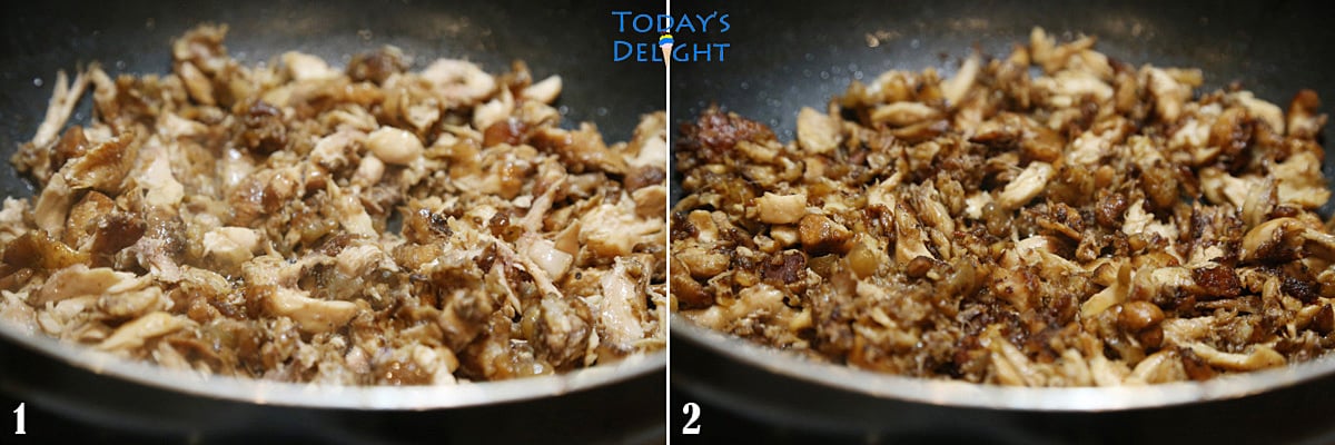 Two images showing chicken wings were shredded and pan-fried.