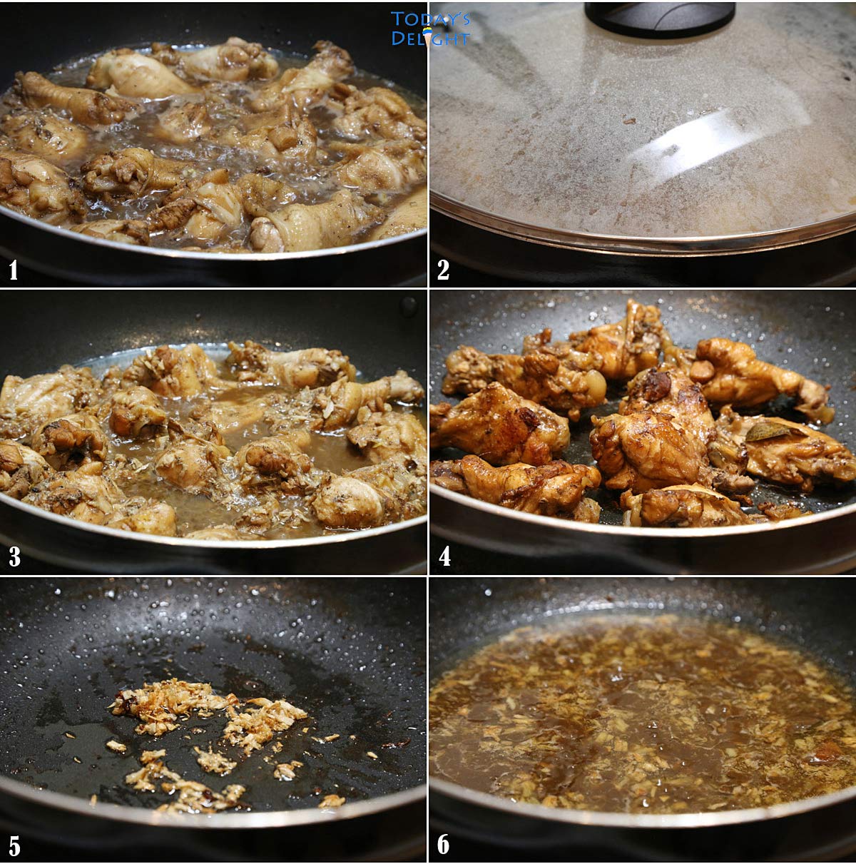 Six images showing a step by step to cook chicken adobo.