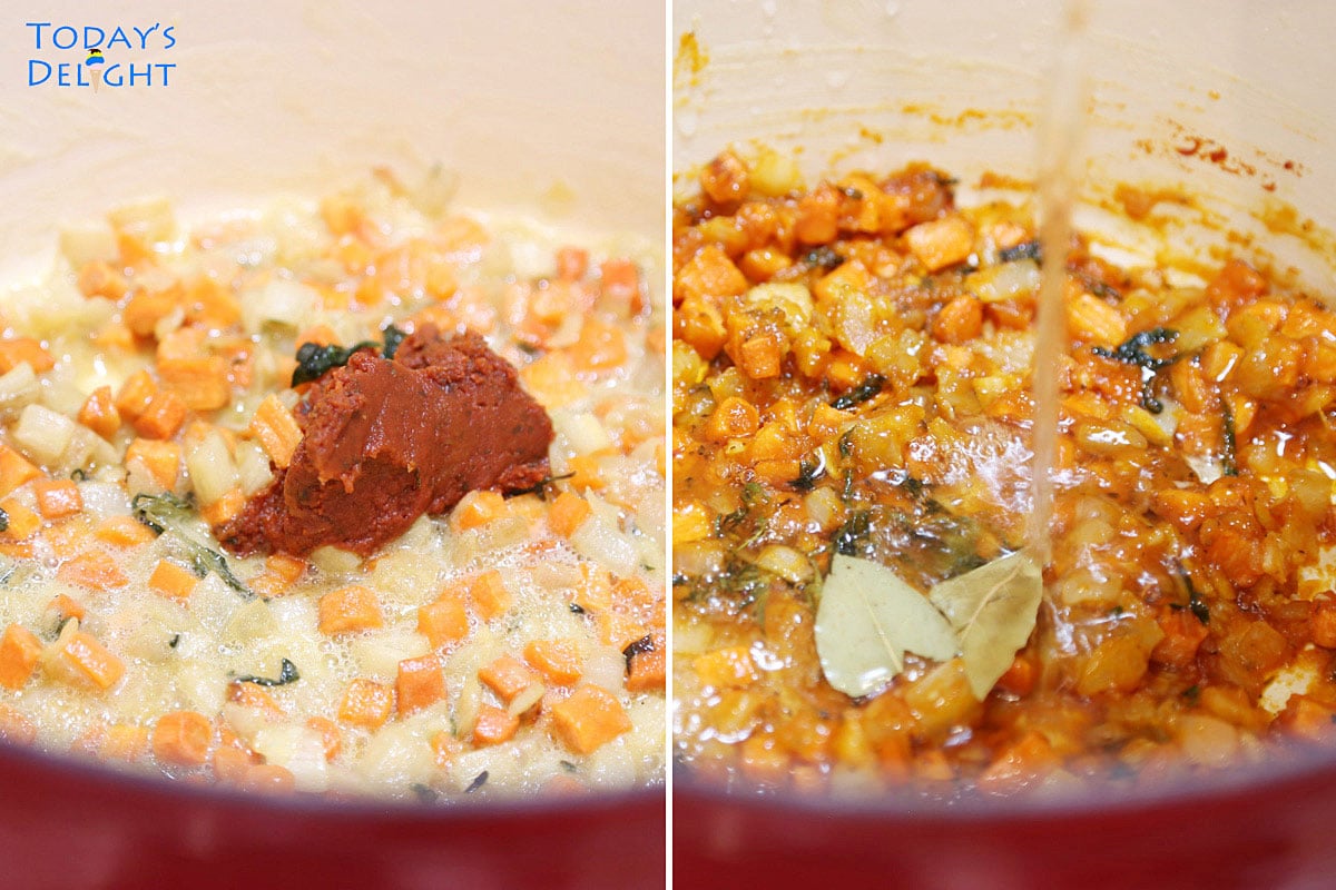 Tomato paste, herbs, spices and wine added to the aromatics in pot.