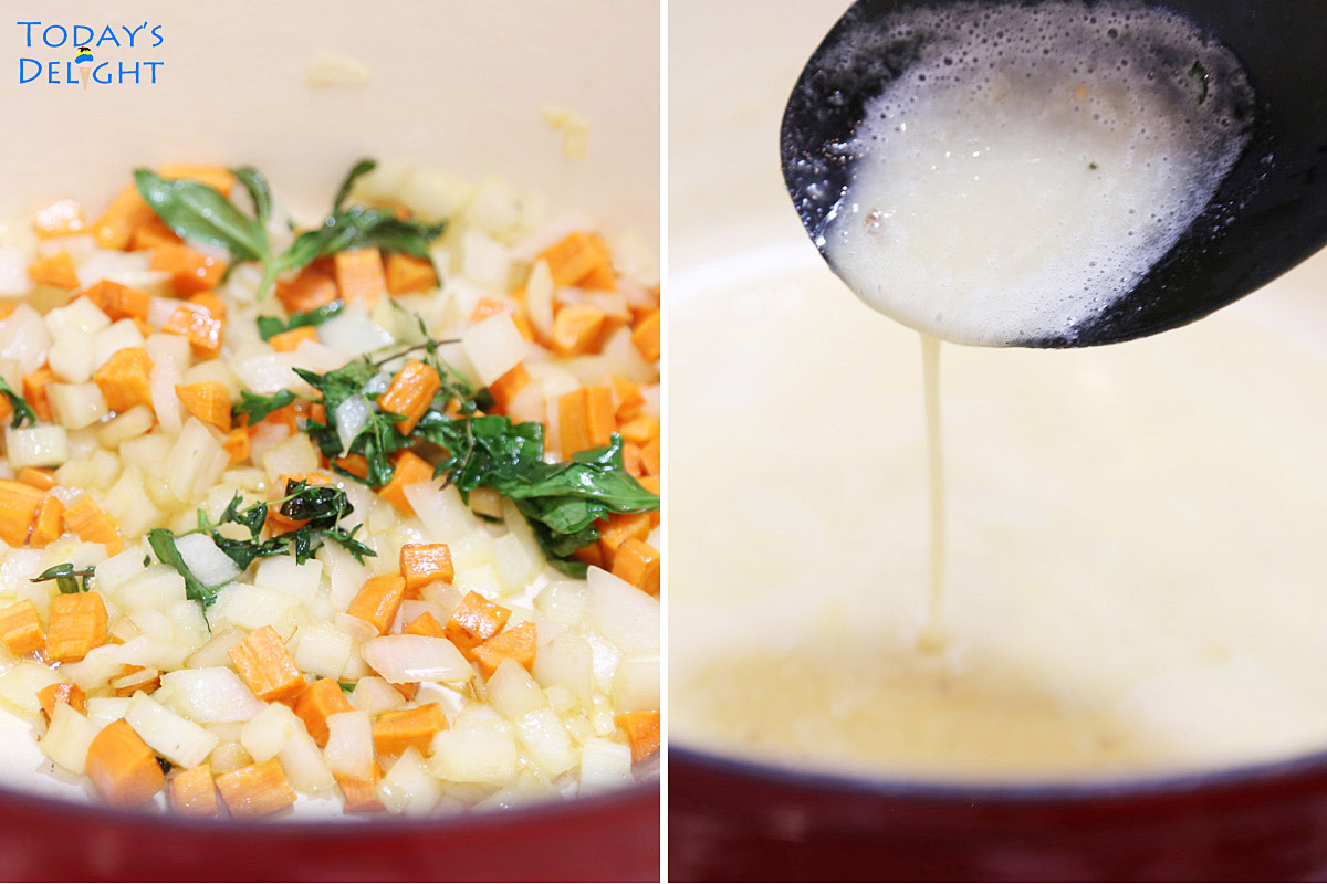 The aromatics are sauteed in the 1st image and a roux is made on the 2nd image.