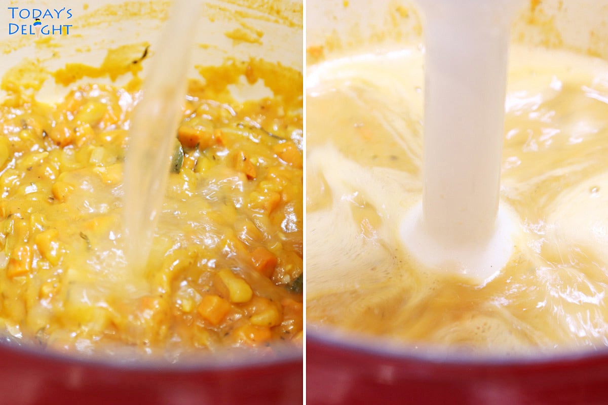 Lobster stock added to sauteed ingredient and pureed with an immersion blender.