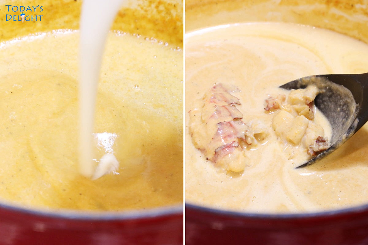 Heavy cream and whole and chunks of lobster tail added to the lobster bisque.