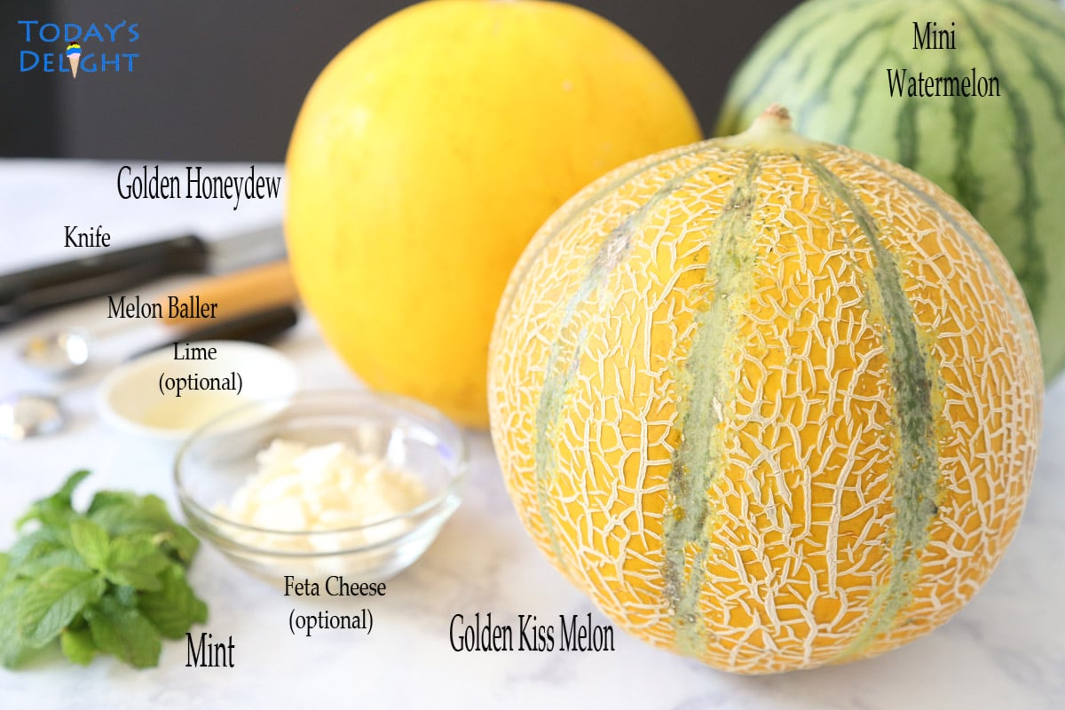 1 whole Golden Kiss Melon, Golden Honeydew, Mini Watermelon, mint leaves, feta cheese, lime juice, knife and melon baller.