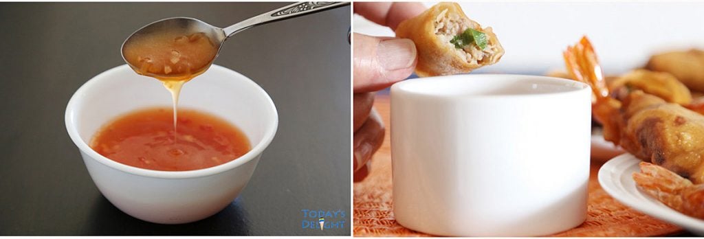 Bit spring roll dipped in sweet and sour sauce.