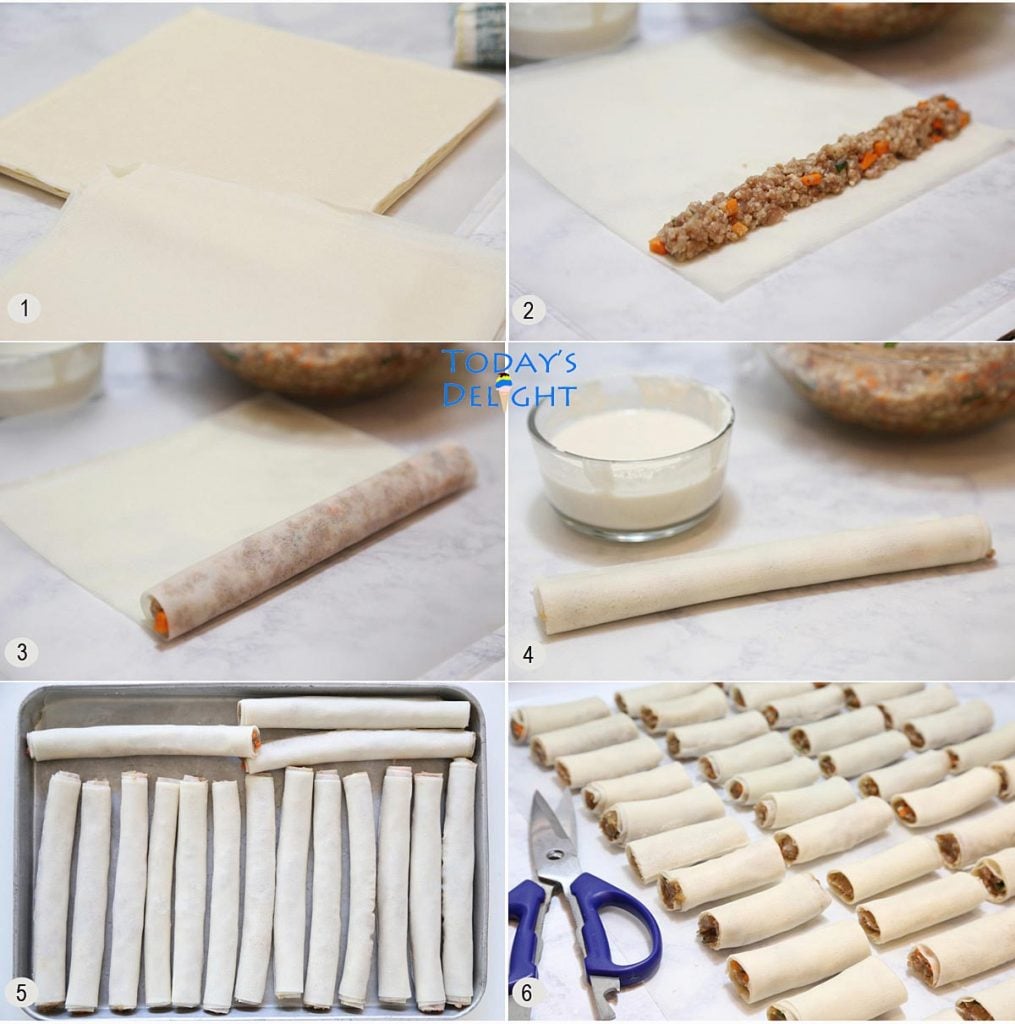 Steps to wrap lumpia ingredients with a bigger spring roll wrapper.