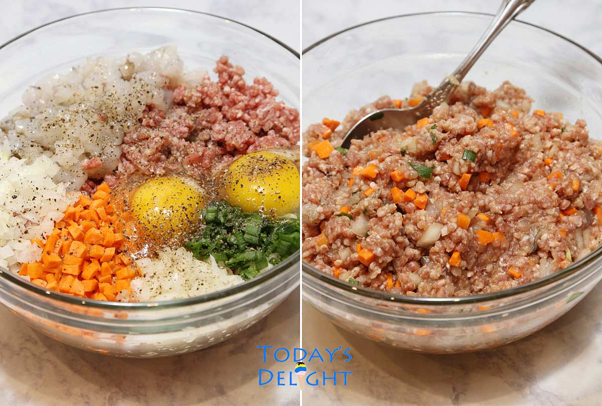 Filipino spring roll ingredients in a bowl that is well mixed.