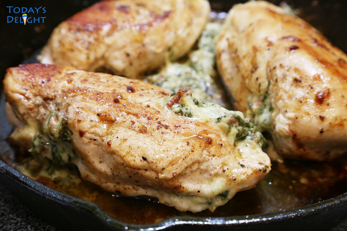 3 stuffed chicken breast seared in cast iron.