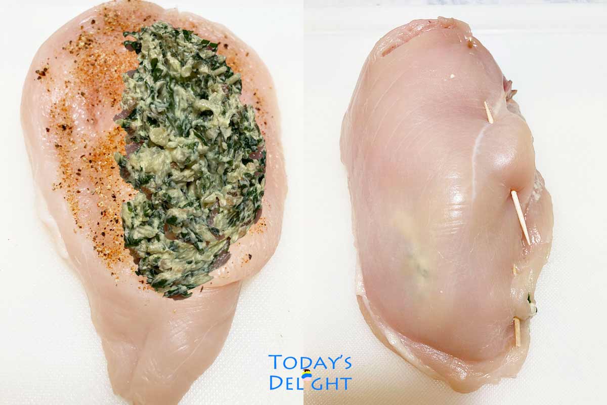 Stuffed chicken breast and sealed with toothpicks.