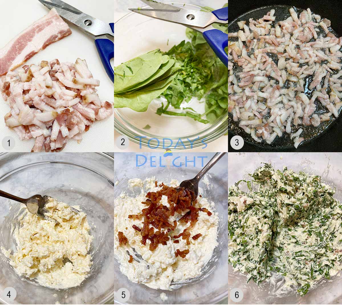 Step by step image to make the spinach stuffing.