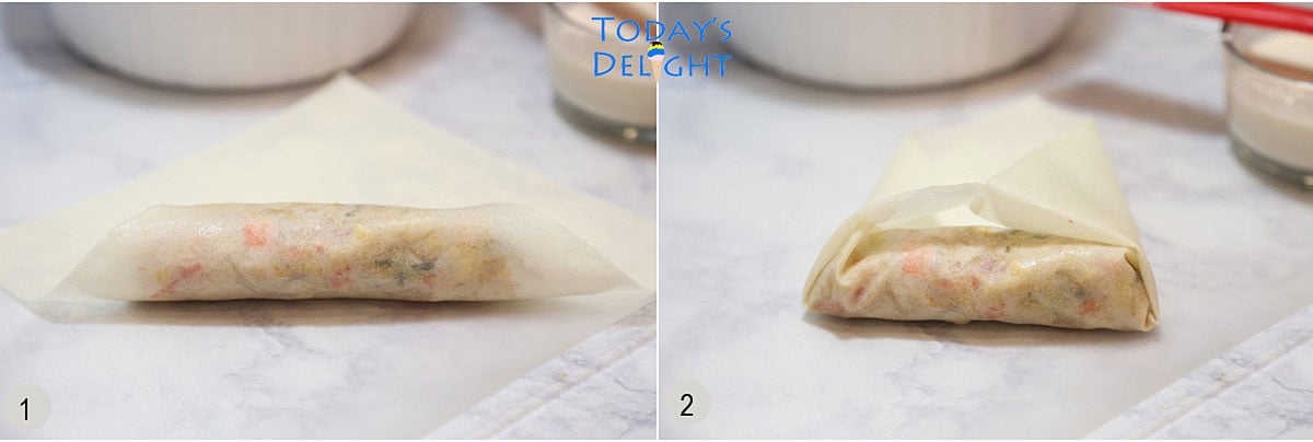 Lumpiang shanghai filling wrapped in a smaller spring roll wrapper.