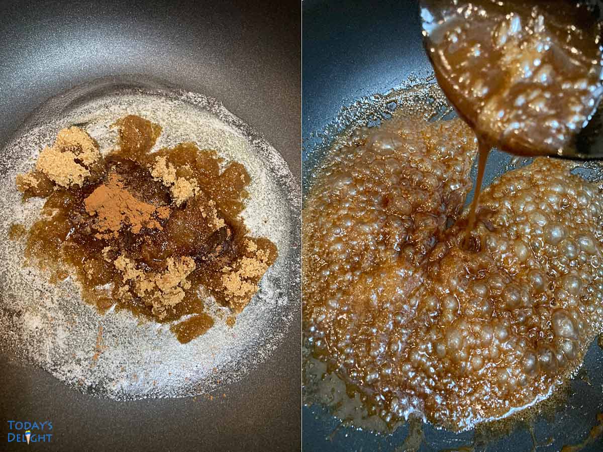 First image shows all ingredients added to sugar glaze in a pan and second image shows it is boiling with a syrup consistency in a spoon,