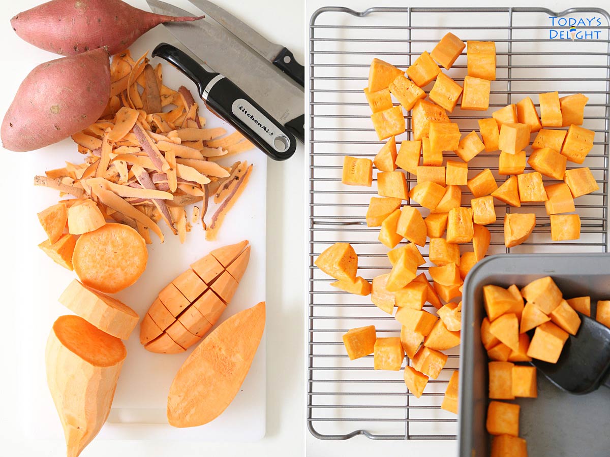Image showing unpeeled, peeled, cubed sweet potatoes transferred to a baking rack.