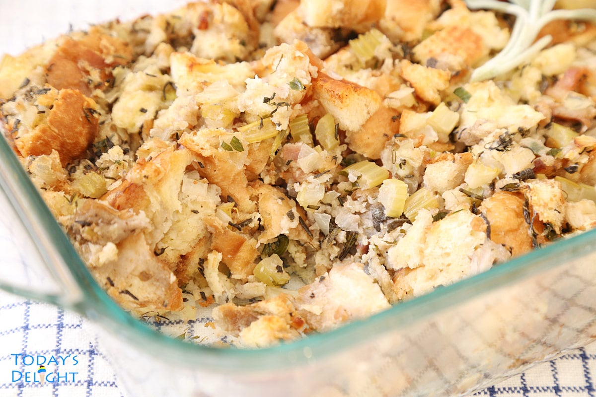 A slice of stuffing taken from the casserole pan.